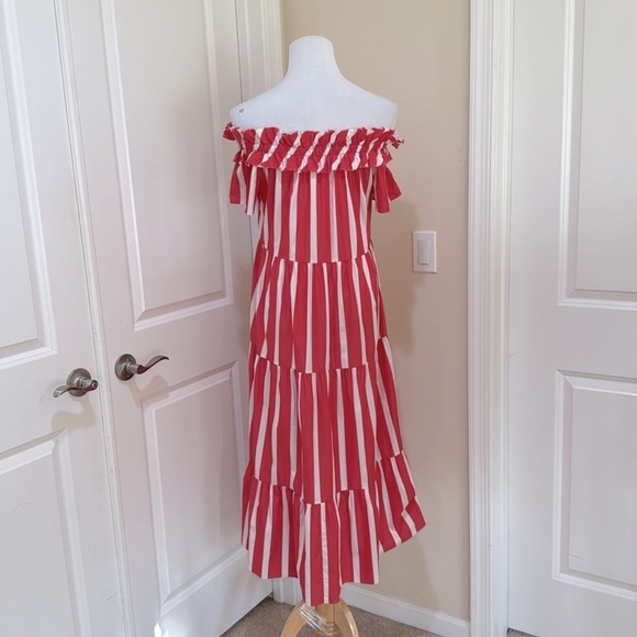 Trina Turk Cattleya Off The Shoulder Coral/White Striped Tiered Dress Size Small - Picture 6 of 10